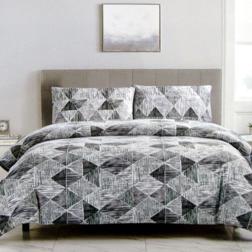 Artex Charcoal Black Avery Lines Pattern Printed Microfiber Polyester Quilt Cover Set Queen - Main Image
