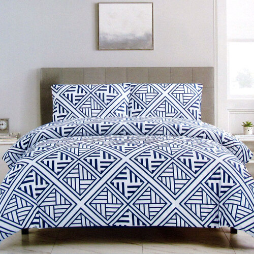 Artex Navy Enzi Geometric Pattern Printed Microfiber Polyester Quilt Cover Set Queen - Main Image