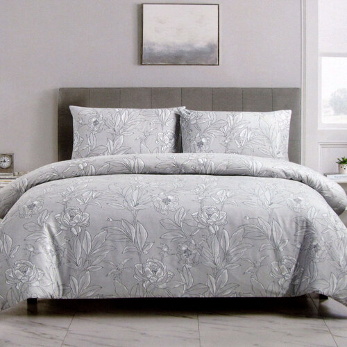 Artex Silver Peony Floral Printed Microfiber Polyester Quilt Cover Set Queen - Main Image