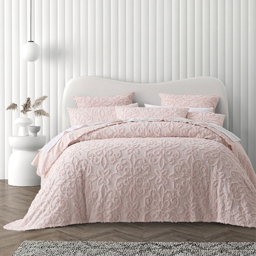 Bianca Ella Blush Cotton Chenille Floral Bedspread Set Super King - Main Image