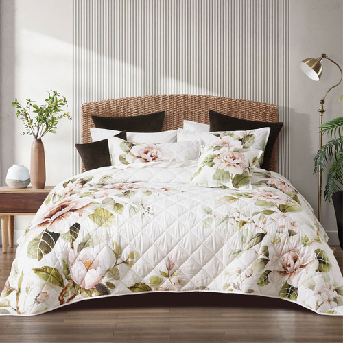 Bianca Rosalia White Floral Printed Quilted Polyester Coverlet Set Super King - Main Image