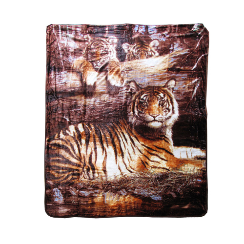 375gsm 1 Ply 3D Print Faux Mink Blanket Queen 200x240 cm Tiger Family - Main Image