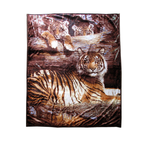 675gsm 2 Ply 3D Print Faux Mink Blanket Queen 200x240 cm Tiger Family - Main Image