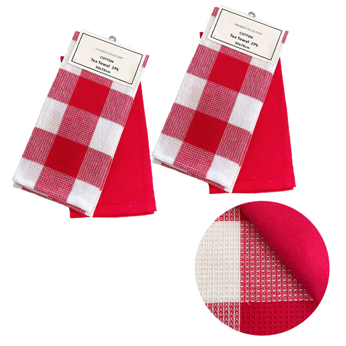 Set of 4 Cotton Waffle Checkered & Plain Dyed Tea Towels 50cm x 70cm Red - Main Image