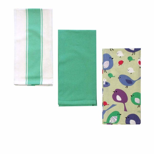Home Oasis Set of 3 Printed Cotton Rich Tea Towels 50 x 70 cm Birdie Mint - Main Image