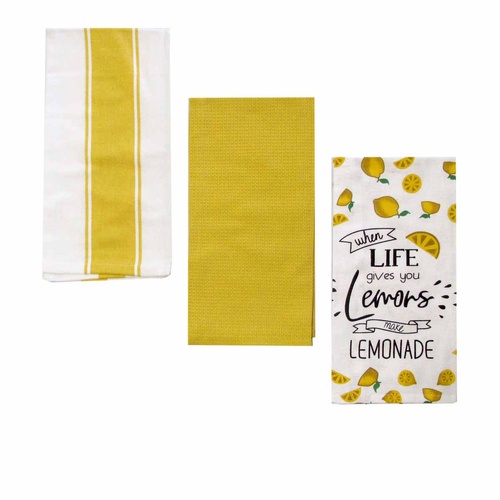 Home Oasis Set of 3 Printed Cotton Rich Tea Towels 50 x 70 cm Lemons Yellow - Main Image