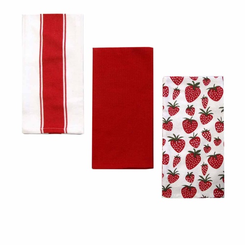 Home Oasis Set of 3 Printed Cotton Rich Tea Towels 50 x 70 cm Strawberry Red - Main Image