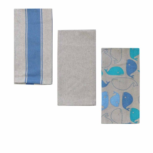 Home Oasis Set of 3 Printed Cotton Rich Tea Towels 50 x 70 cm Whale Grey - Main Image