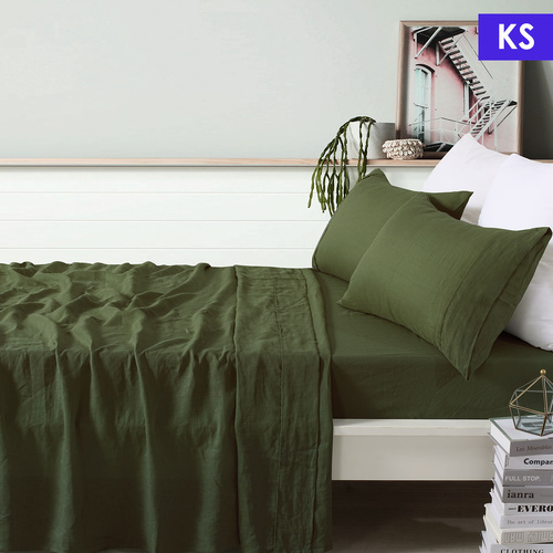 Vintage Design Homewares 100% Linen Olive Sheet Set King Single - Main Image