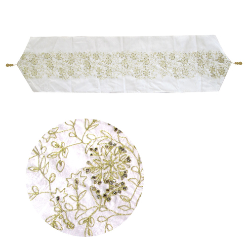 Embroidered Faux Silk Table Runner 33 x 135 cm Fleur White Gold - Main Image