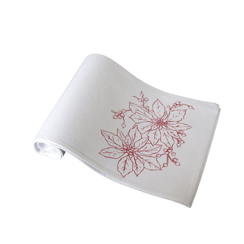 Christmas Print White Table Runner 33 x 180cm Two Poinsettia - Main Image