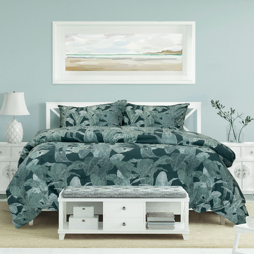 Ardor Indra Teal Palm Leaf Printed Quilt Cover Set King - Main Image