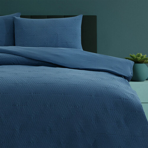 Ardor Maxwell Navy Embossed Vintage Washed Quilt Cover Set Queen - Main Image