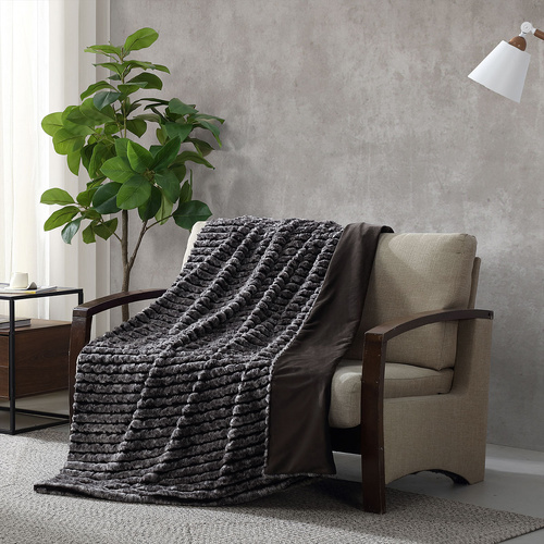 Ardor Cole Ash Striped Faux Fur Soft Plush Throw Rug 130x170cm - Main Image