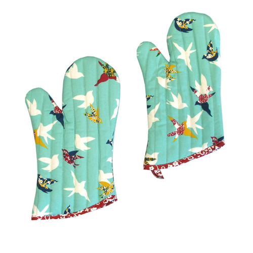 Set of 2 100% Cotton Printed Oven Mitts 34 x 15 cm Aqua Birds - Main Image