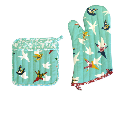 Set of 100% Cotton Printed Oven Mitt + Pot Holder Aqua Birds - Main Image