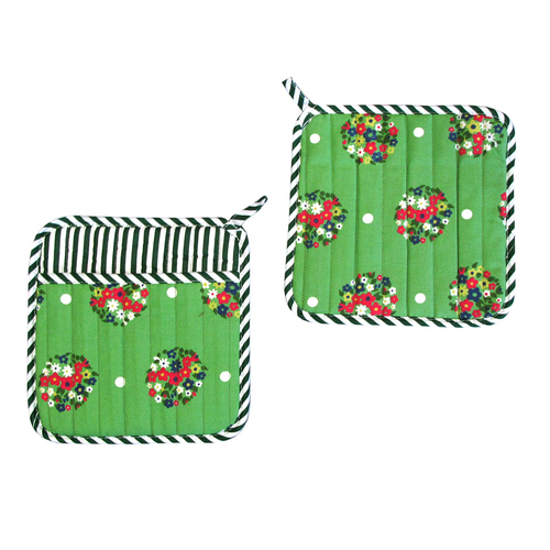 Set of 2 100% Cotton Printed Pot Holders 22 x 22 cm Green Blossom - Main Image