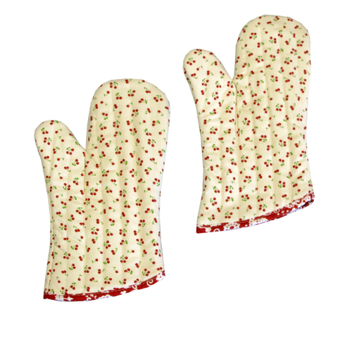 Set of 2 100% Cotton Printed Oven Mitts 34 x 15 cm Cream Cherries - Main Image
