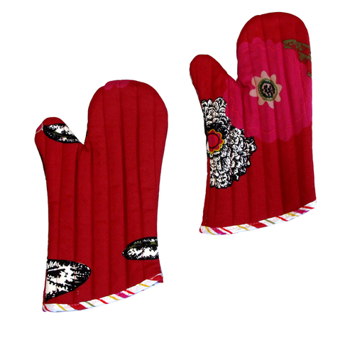 Set of 2 100% Cotton Printed Oven Mitts 34 x 15 cm Red Floral - Main Image