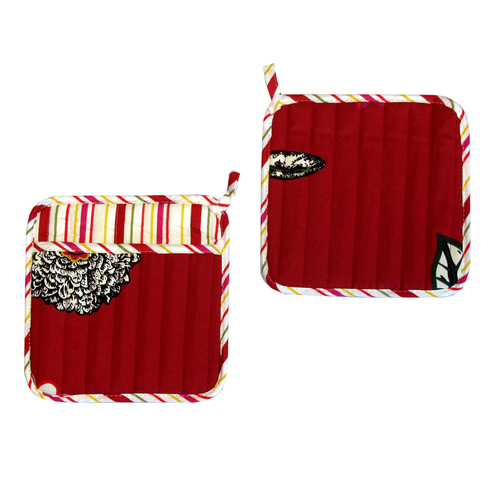 Set of 2 100% Cotton Printed Pot Holders 22 x 22 cm Red Floral - Main Image