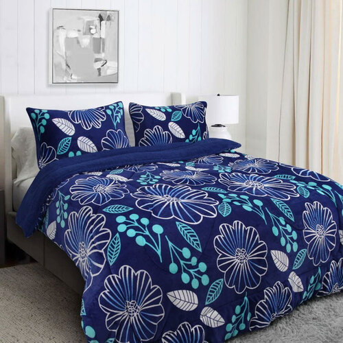 Ramesses Blue Flower Printed Sherpa Flannel Fleece Reversible Blanket Set Queen/King - Main Image