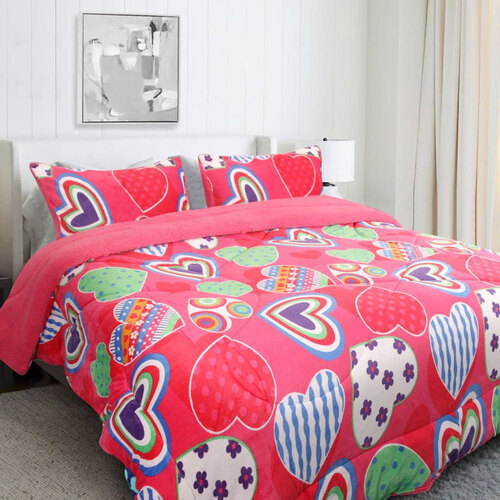 Ramesses Pink Heart Printed Sherpa Flannel Fleece Reversible Blanket Set Single/Double - Main Image