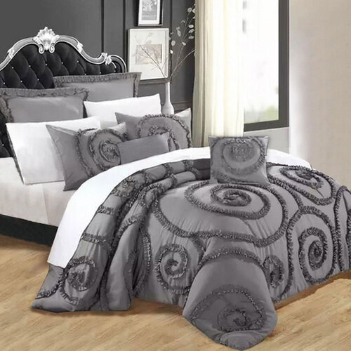 Ramesses Floral Ruffled Charcoal 7 Pcs Deluxe Comforter Set Queen - Main Image