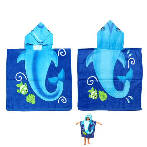 Cute Kids Cotton Hooded Towel Poncho 60 x 120 cm Dolphin - Main Image