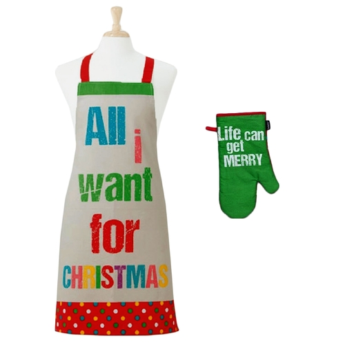 Ladelle Set of 2 All I want Christmas Oven Mitt & Apron Kitchen Set - Main Image