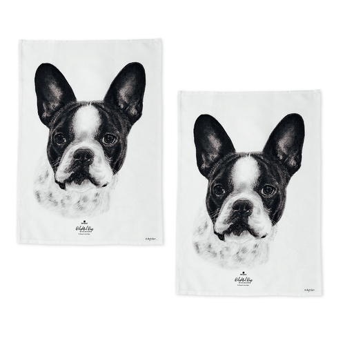 Set of 2 Delightful Dogs Cotton Kitchen Tea Towels 50 x 70 cm French Bulldog - Main Image