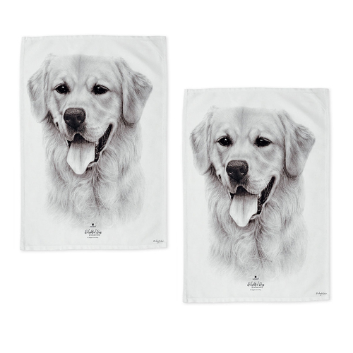 Set of 2 Delightful Dogs Cotton Kitchen Tea Towels 50 x 70 cm Golden Retriever - Main Image
