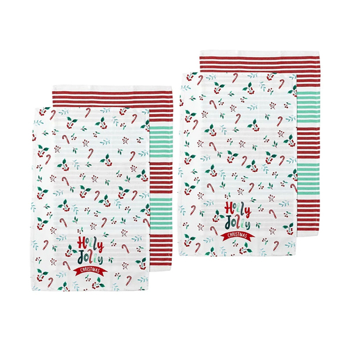 Ladelle Joyful Holly Jolly Christmas Set of 4 Cotton Kitchen Towels 45 x 70 cm - Main Image