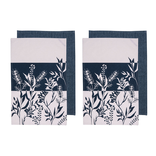 Ladelle Set of 4 Homespun Flower Cotton Kitchen Tea Towels 50 x 70 cm Denim - Main Image