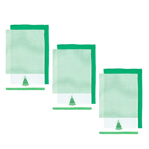 Ladelle Set of 6 Christmas Xmas Festival Joyful Icons Cotton Tea Towels Christmas Tree - Main Image