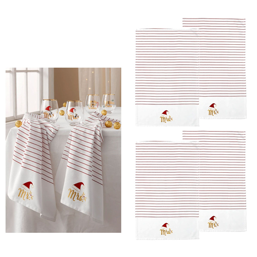 Ladelle Mr & Mrs Christmas Hat Set of 4 Cotton Kitchen Towels 45 x 70 cm - Main Image