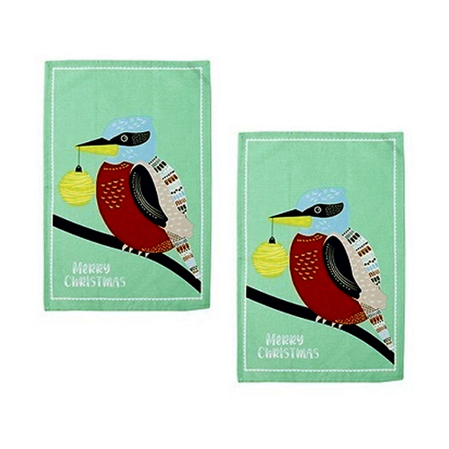Ladelle Australiana Bird Drawing Set of 2 Cotton Kitchen Towels Kookaburras - Main Image