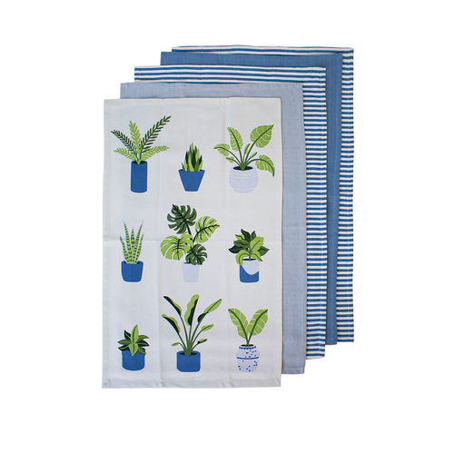 Ladelle Set of 5 Plant Life Cotton Kitchen Tea Towels 50 x 70 cm Blue - Main Image