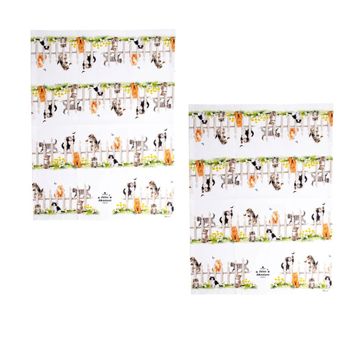 Ashdene Set of 2 Kitten Adventures Cotton Kitchen Tea Towels Chasing Butterflies - Main Image