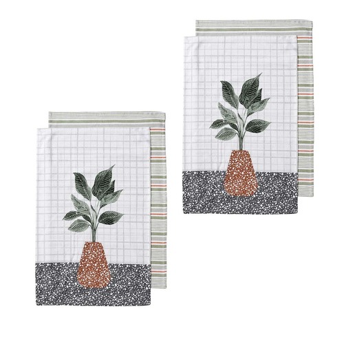 Ladelle Revive Plants Set of 4 Cotton Kitchen Towels Brown Pot - Main Image