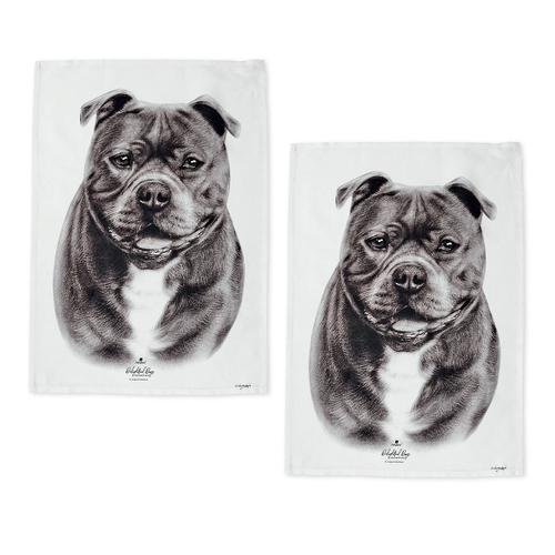 Set of 2 Delightful Dogs Cotton Kitchen Tea Towels 50 x 70 cm Staffy Terrier - Main Image