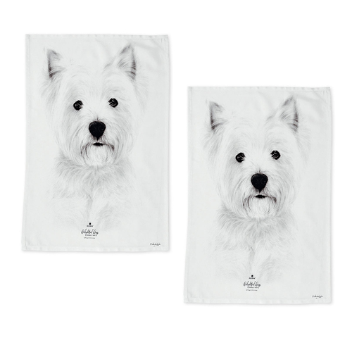Set of 2 Delightful Dogs Cotton Kitchen Tea Towels 50 x 70 cm West Highland - Main Image