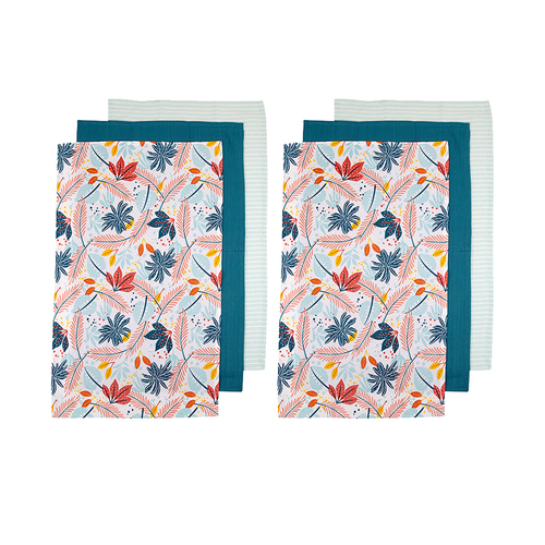 Ladelle Set of 6 Zest Bright Cotton Kitchen Tea Towels 50 x 70 cm Leaves - Main Image