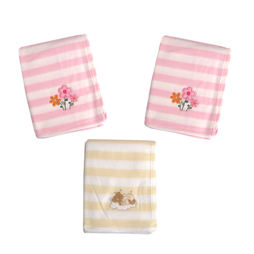 Living Home for Baby Girls Flowers and Bear Pack of 3 Embroidered Polar fleece Stripe Cot Blankets 100 x 140cm - Main Image
