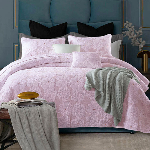 Cotton Rich Lightly Quilted Coverlet Set Floriade Pink Queen - Main Image