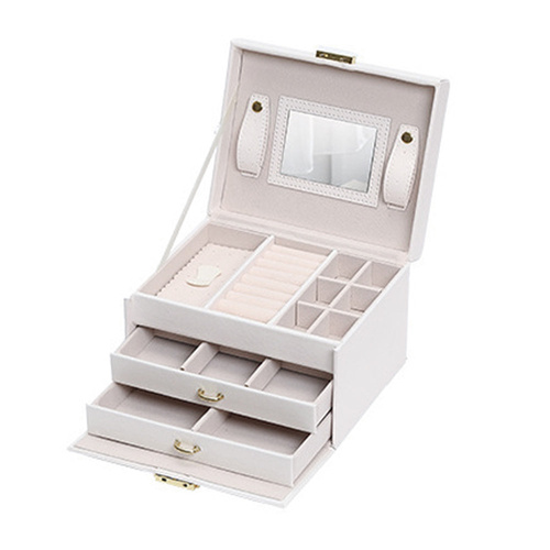 Jewellery Box With Mirror Double Drawers Organizer Storage Lock Case(White) - Main Image