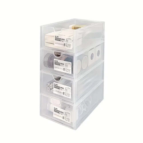 4 Pcs Set Stackable Desktop storage Box Drawer Transparent Plastic Stationery Cosmetic Organizer Box(Clear) - Main Image