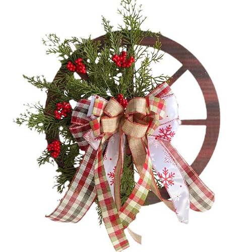 Christmas Red Wooden Wheel Wreath Front Door Hanging Garland Wall Decor(40*40cm) - Main Image
