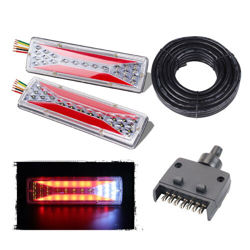 12V LED Trailer Tail Light Kit Pair Plug 7m 5 Core Wire 7 Pin Flat Plug Ute Set - Main Image