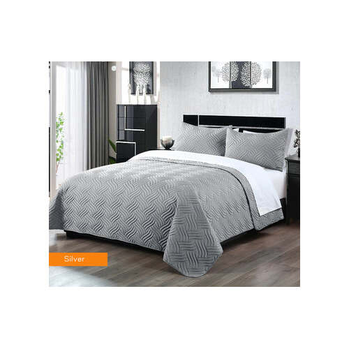 3 piece embossed comforter set queen silver - Main Image