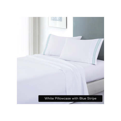 soft microfibre embroidered stripe sheet set double white pillowcase blue stripe - Main Image